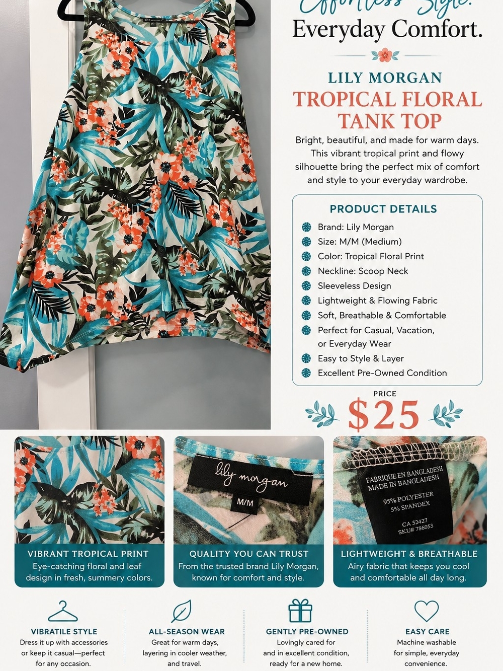 Tropical Floral Tank Top in Teal & Coral